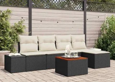 Set de canapea de grădină cu 6 piese, cu perne, Negru, din ratan polimeric și acacia - 1/5