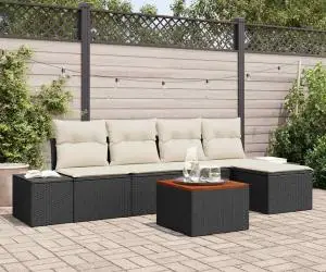 Set de canapea de grădină cu 6 piese, cu perne, Negru, din ratan polimeric și acacia