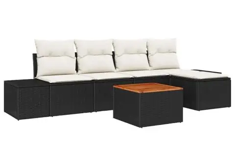 Set de canapea de grădină cu 6 piese, cu perne, Negru, din ratan polimeric și acacia - 2/5