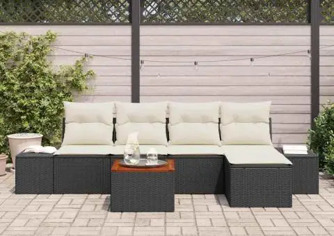 Set de canapea de grădină cu 6 piese, cu perne, Negru, din ratan polimeric și acacia - 3/5