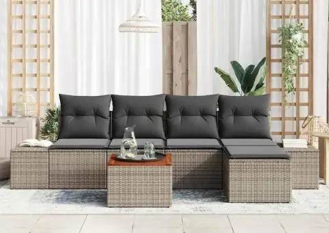 Set de canapea pentru grădină , 6 piese, cu perne gri din poliratan și acacia - 3/5