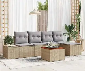 Set de canapea de grădină - 6 piese cu perne bej din rattan polipropilenic și acacia