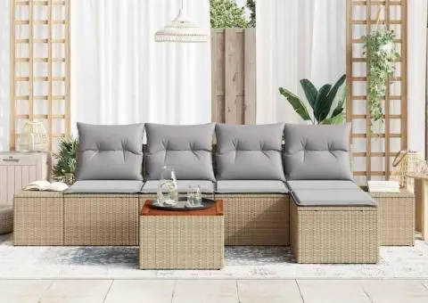 Set de canapea de grădină - 6 piese cu perne bej din rattan polipropilenic și acacia - 3/5