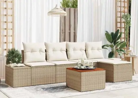 Set canapea de grădină 6 piese, perne bej din rattan și acacia - 1/5