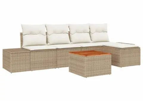 Set canapea de grădină 6 piese, perne bej din rattan și acacia - 2/5