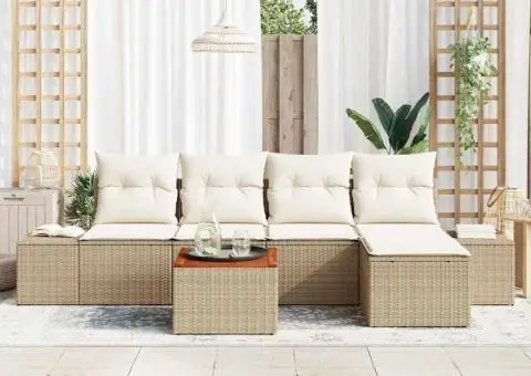 Set canapea de grădină 6 piese, perne bej din rattan și acacia - 3/5