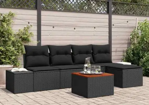 Set canapele grădină 6 piese cu perne Negru Poliratan Acacia - 1/5