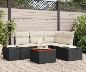 vidaXL Set de canapea pentru grădină , 5 piese, cu perne, ratan negru, acacia