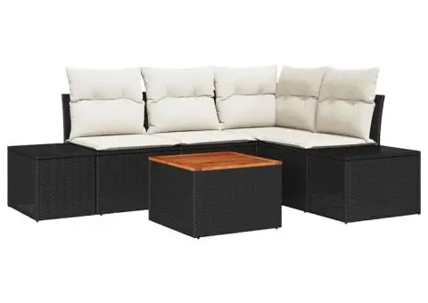 Set de canapea pentru grădină , 5 piese, cu perne, ratan negru, acacia - 2/5