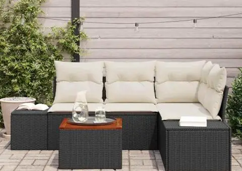 Set de canapea pentru grădină , 5 piese, cu perne, ratan negru, acacia - 3/5