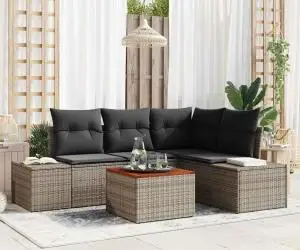 vidaXL Set grădină cu 5 piese, cu perne, gri, din ratan poliesteric și lemn de acacia