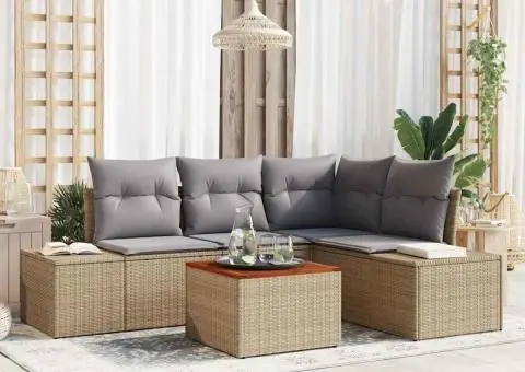 Set canapea grădină, 5 piese, perne ratan poliesteric bej, acacia - 1/5