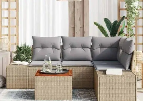 Set canapea grădină, 5 piese, perne ratan poliesteric bej, acacia - 3/5