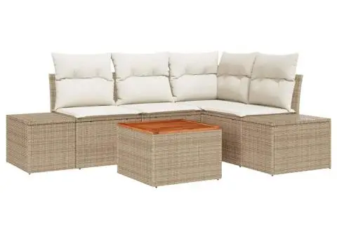 Set de Măsuțe de Grădină cu 5 Piese și Perne Bej din Ratan și Acacia - 2/5