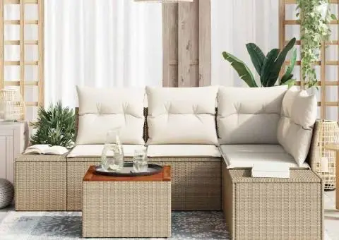 Set de Măsuțe de Grădină cu 5 Piese și Perne Bej din Ratan și Acacia - 3/5