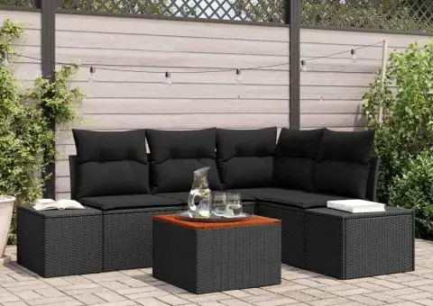 Set de canapea de grădină de 5 piese cu perne, ratan poly negru și acacia - 1/5