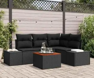 vidaXL Set de canapea de grădină de 5 piese cu perne, ratan poly negru și acacia