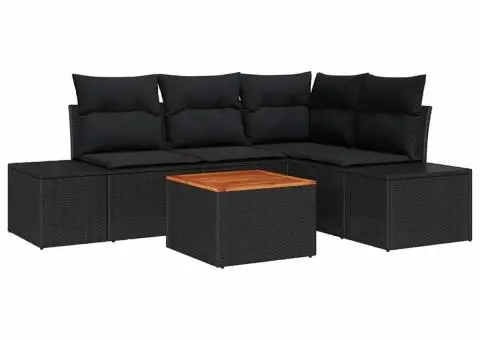 Set de canapea de grădină de 5 piese cu perne, ratan poly negru și acacia - 2/5