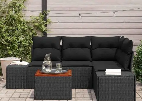 Set de canapea de grădină de 5 piese cu perne, ratan poly negru și acacia - 3/5