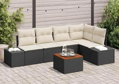 Set de canapele de grădină 6 piese cu perne, rattan din poliester negru și lemn de acacia. - 1/5