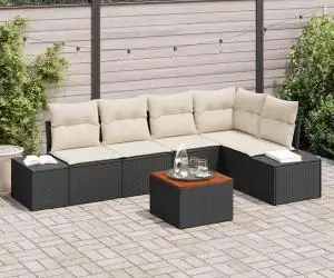 vidaXL Set de canapele de grădină 6 piese cu perne, rattan din poliester negru și lemn de acacia.