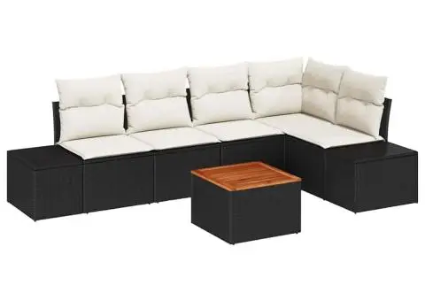 Set de canapele de grădină 6 piese cu perne, rattan din poliester negru și lemn de acacia. - 2/5