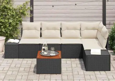 Set de canapele de grădină 6 piese cu perne, rattan din poliester negru și lemn de acacia. - 3/5