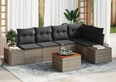 Set de canapea pentru grădină format din 6 piese, cu perne gri din ratan și lemn de acacia. - 1/5