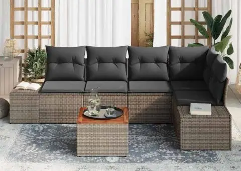 Set de canapea pentru grădină format din 6 piese, cu perne gri din ratan și lemn de acacia. - 3/5