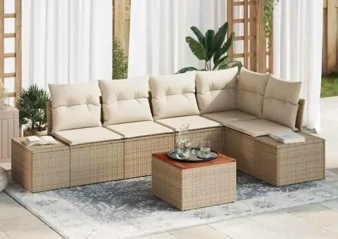 Set de canapele de grădină cu 6 piese și perne bej, din ratan poliester și acacia - 1/5