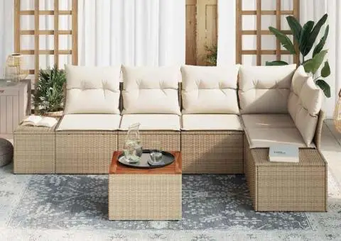 Set de canapele de grădină cu 6 piese și perne bej, din ratan poliester și acacia - 3/5