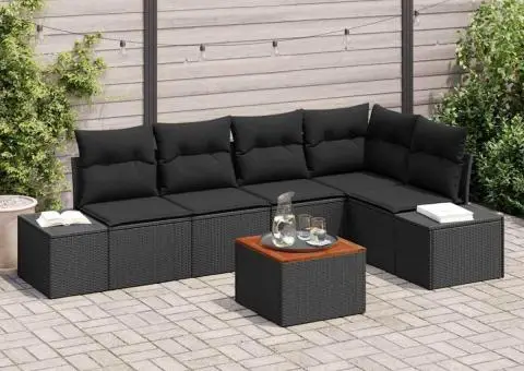 Set de canapea de grădină cu 6 piese, perne incluse, rattan negru, lemn de acacia - 1/5