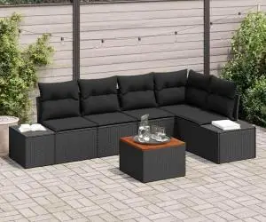 Set de canapea de grădină cu 6 piese, perne incluse, rattan negru, lemn de acacia