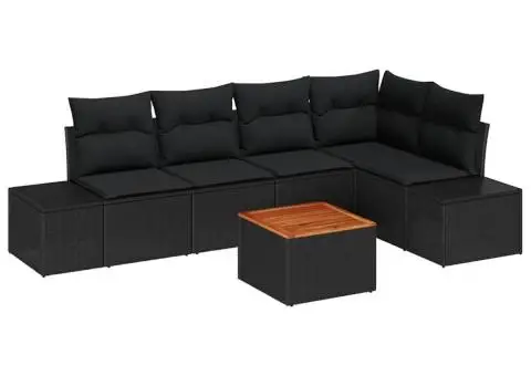 Set de canapea de grădină cu 6 piese, perne incluse, rattan negru, lemn de acacia - 2/5