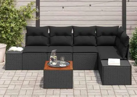 Set de canapea de grădină cu 6 piese, perne incluse, rattan negru, lemn de acacia - 3/5