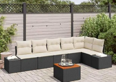 Set de canapea de grădină în 7 piese cu perne, negru, din ratan poliesteric, acacia - 1/5