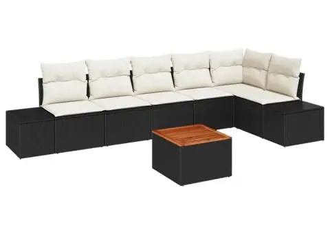 Set de canapea de grădină în 7 piese cu perne, negru, din ratan poliesteric, acacia - 2/5