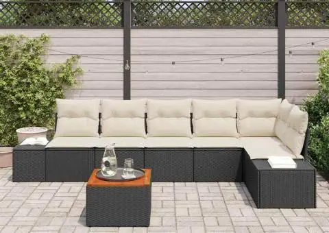 Set de canapea de grădină în 7 piese cu perne, negru, din ratan poliesteric, acacia - 3/5
