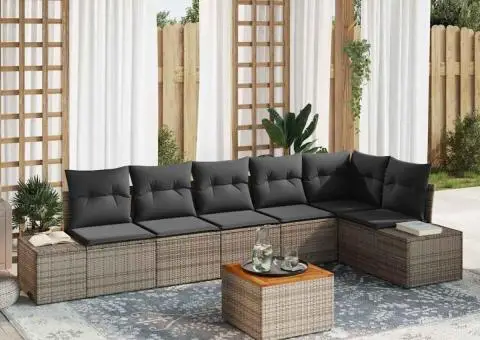 Set de canapea de grădină cu 7 piese, perne gri, ratan sintetic, acacia - 1/5