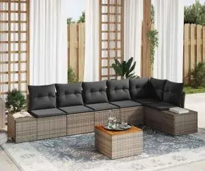vidaXL Set de canapea de grădină cu 7 piese, perne gri, ratan sintetic, acacia