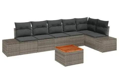 Set de canapea de grădină cu 7 piese, perne gri, ratan sintetic, acacia - 2/5