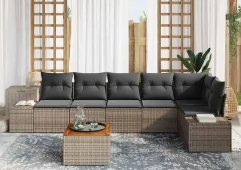 Set de canapea de grădină cu 7 piese, perne gri, ratan sintetic, acacia - 3/5