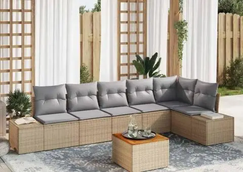 Set canapea grădină , 7 piese, cu perne, bej, rattan sintetic, acacia - 1/5