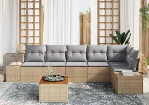 Set canapea grădină , 7 piese, cu perne, bej, rattan sintetic, acacia - 3/5