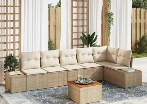 Set de canapele de grădină cu 7 piese, cu perne, bej, ratan sintetic, acacia. - 1/5