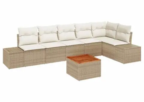 Set de canapele de grădină cu 7 piese, cu perne, bej, ratan sintetic, acacia. - 2/5