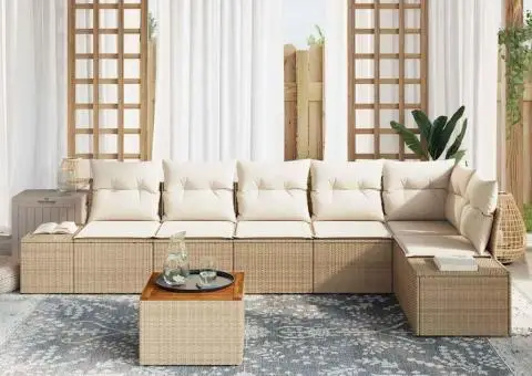 Set de canapele de grădină cu 7 piese, cu perne, bej, ratan sintetic, acacia. - 3/5