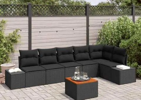 Set de canapele de grădină în 7 piese cu perne, negre, din rattan poliesteric și acacia. - 1/5