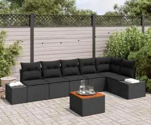 vidaXL Set de canapele de grădină în 7 piese cu perne, negre, din rattan poliesteric și acacia.