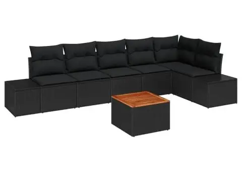 Set de canapele de grădină în 7 piese cu perne, negre, din rattan poliesteric și acacia. - 2/5